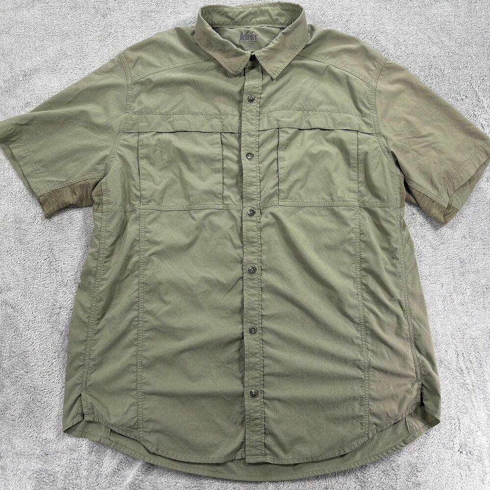 REI Button Up Shirt Mens XL Green Sahara Short Sleeve Hiking Performance Ripstop